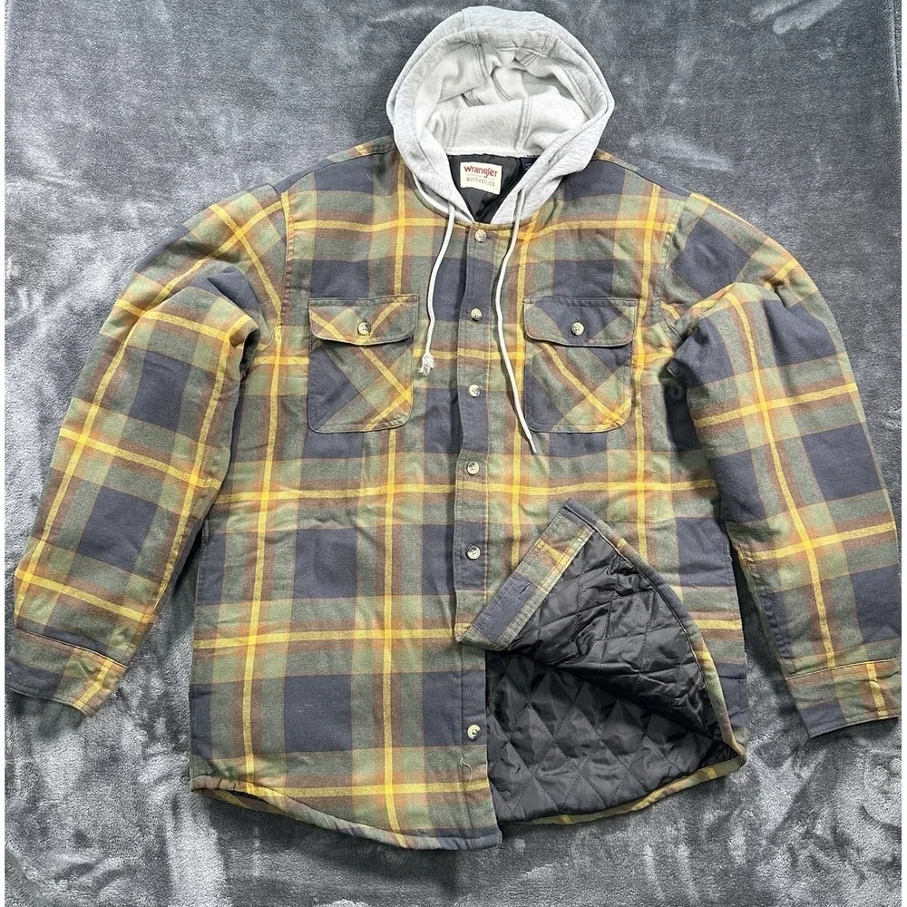 Wrangler Jacket Mens LARGE Red‎ Hooded Lined Flannel Shirt Shacket Side Pockets